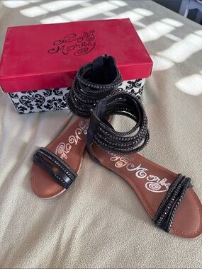 naughty monkey Black Beaded Ankle-Wrap Sandals